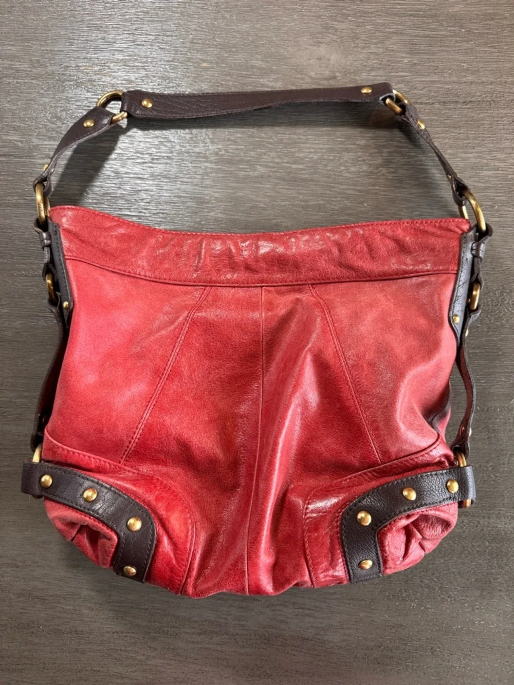 Vintage Leather Red Maroon Dark Brown Buckle Tashe Hobo Shoulder Bag Purse